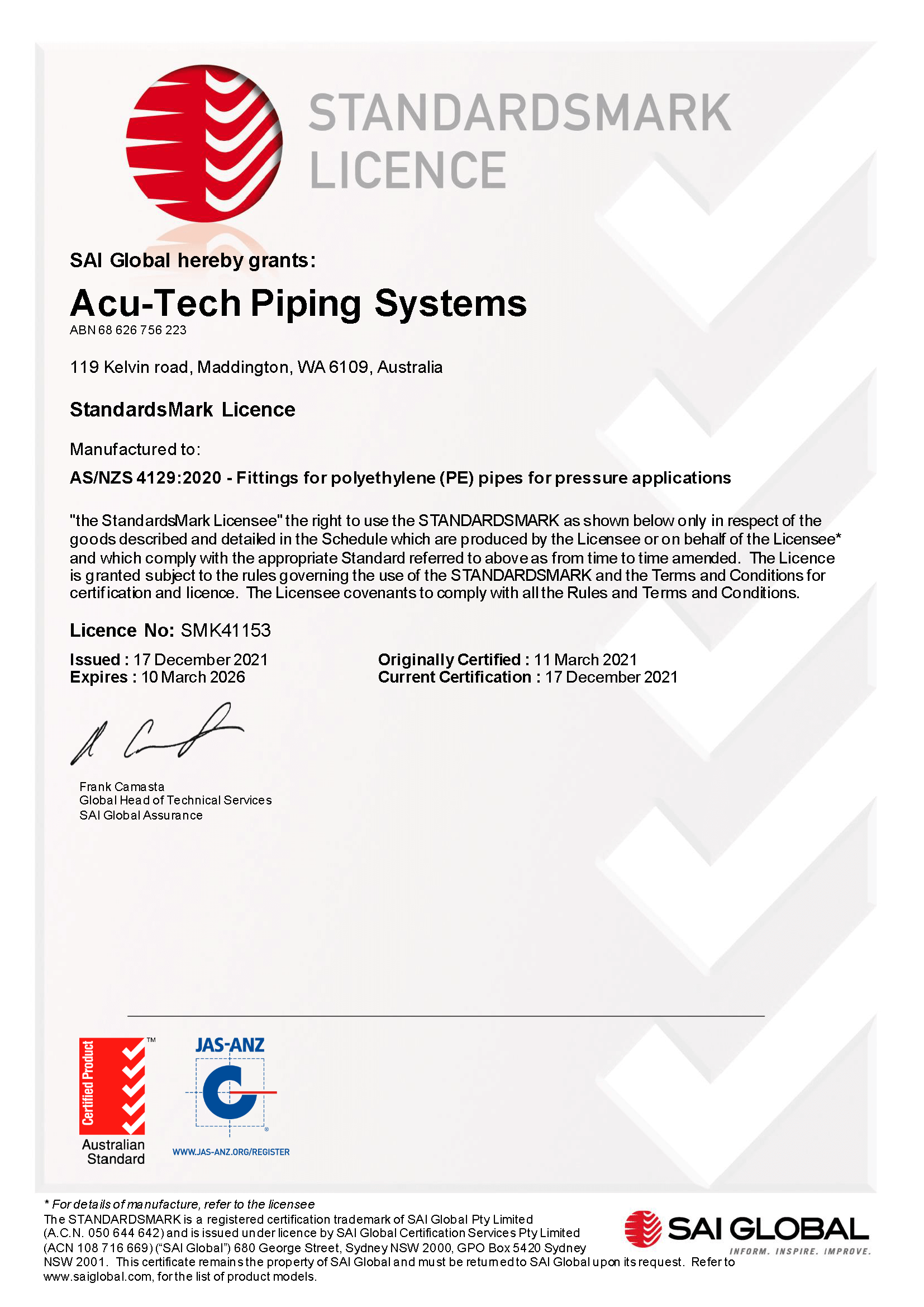 Standardsmark certification for Acu-Tech Piping Systems