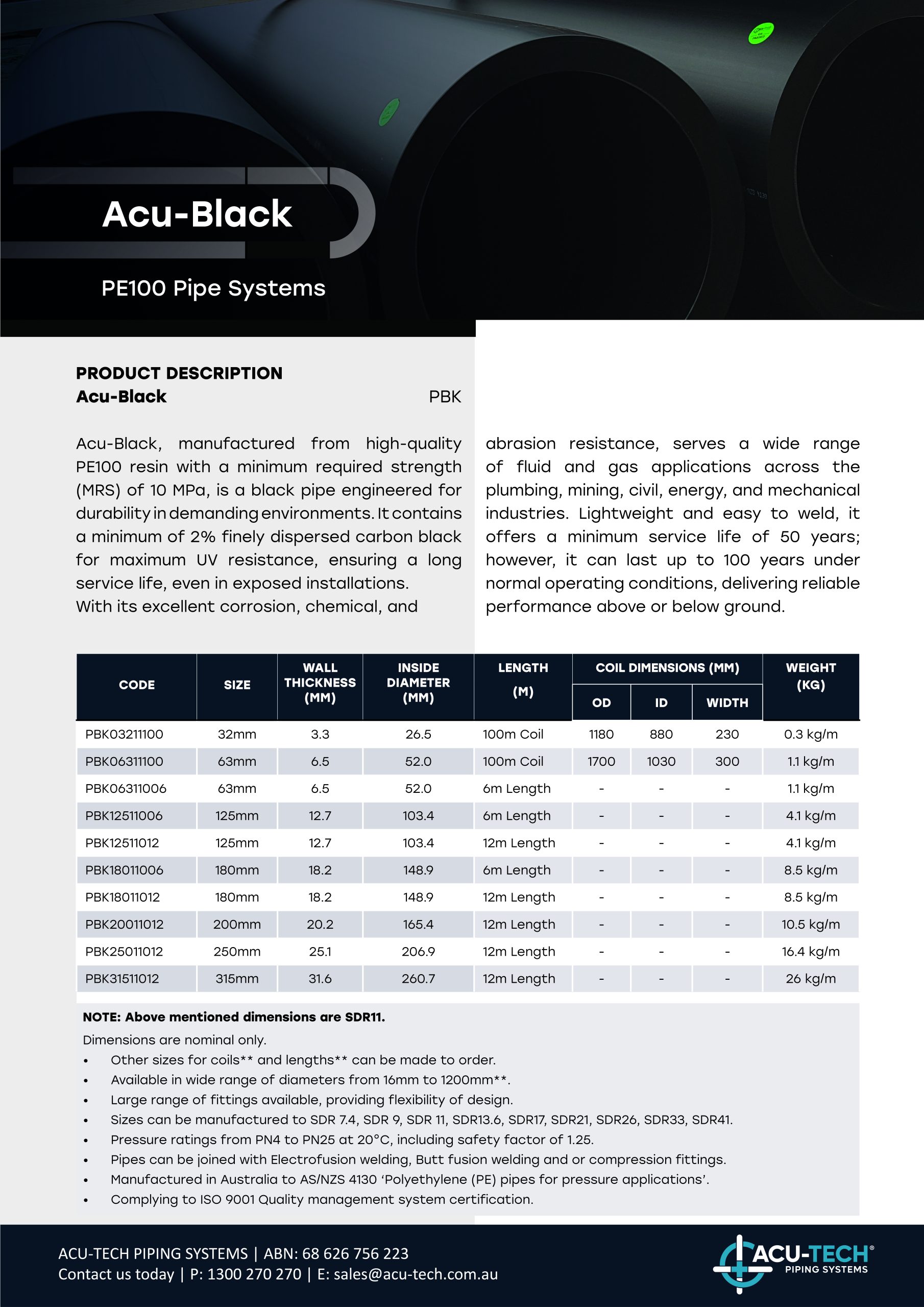 PE100 Black Pipe, Acu-Black, Acu-Tech Piping Systems