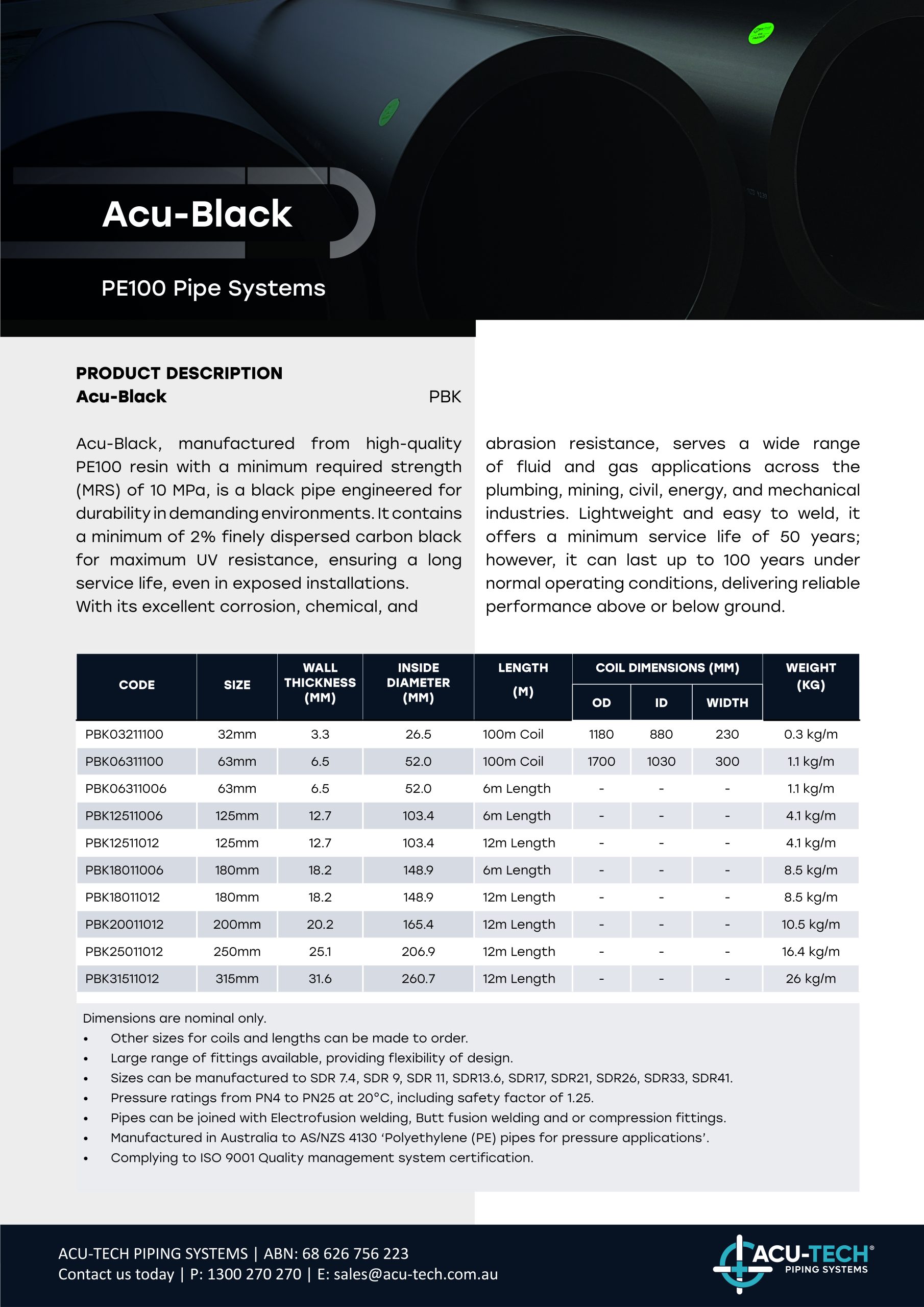 Acu-Tech Product Fact Sheet - Acu-Black PE 100 Poly Pipe