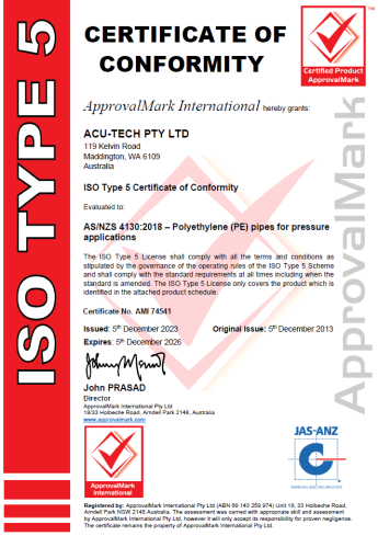 ISO type 5 certificate of conformity for Acu-Tech Piping Systems
