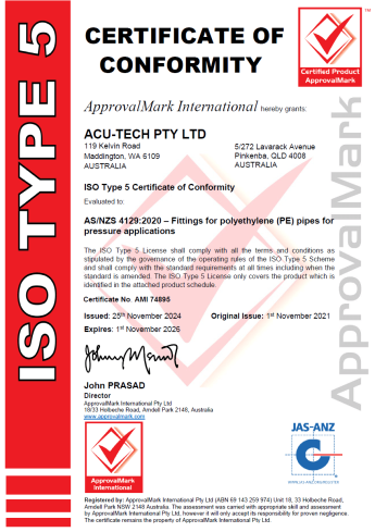 ISO type 5 accreditation for Acu-Tech HDPE pipe